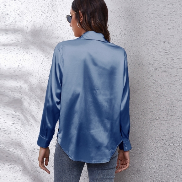 Blue Collared Neck Buttoned Long Sleeve Shirt - Picture 4 of 16